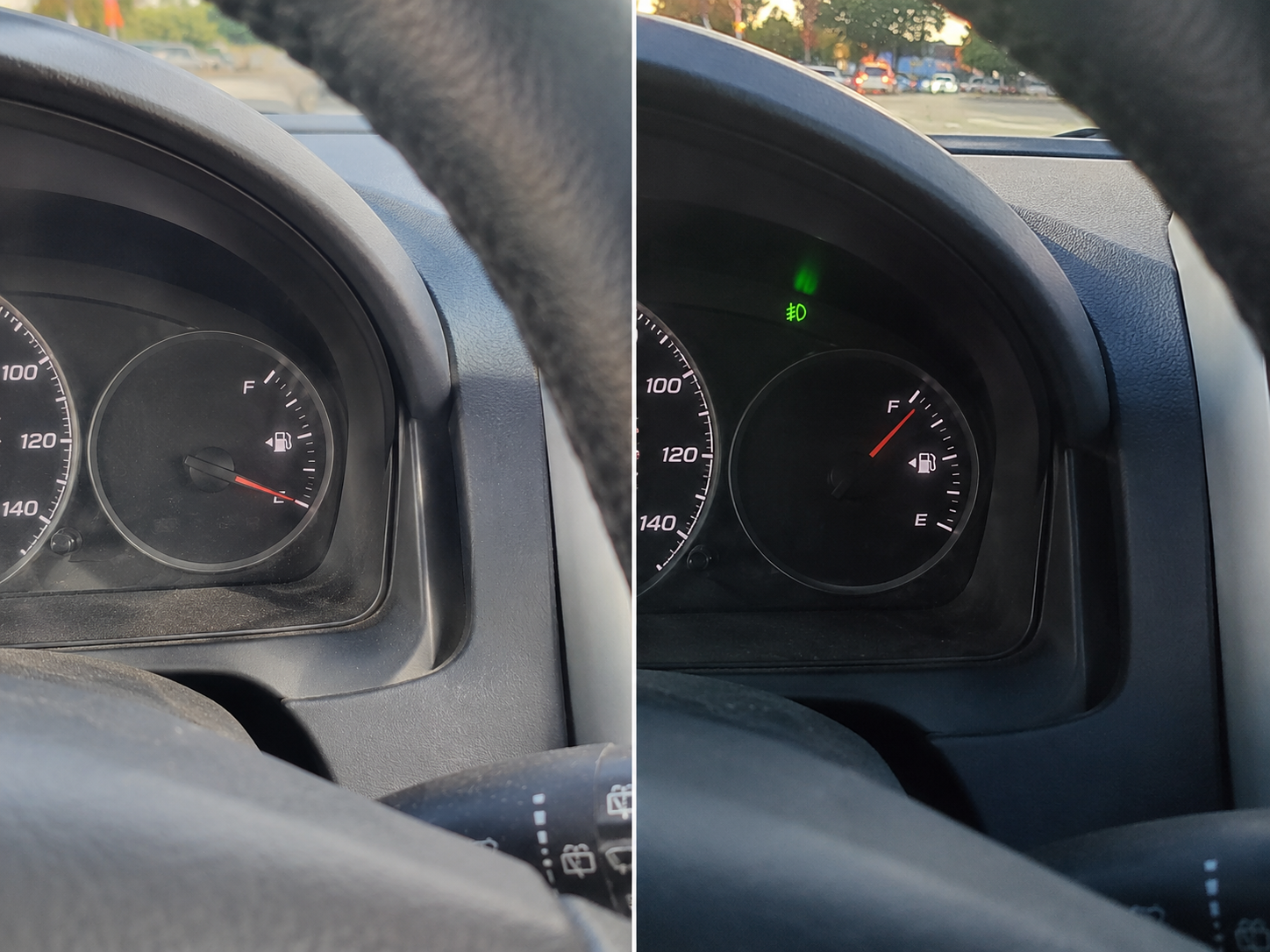 Fuel gauge before and after comparison showing improvement